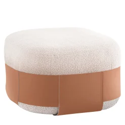 Pouf Bouclé Beige SUMO con Tasca in Cuoio