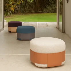 Pouf Bouclé Beige SUMO con Tasca in Cuoio