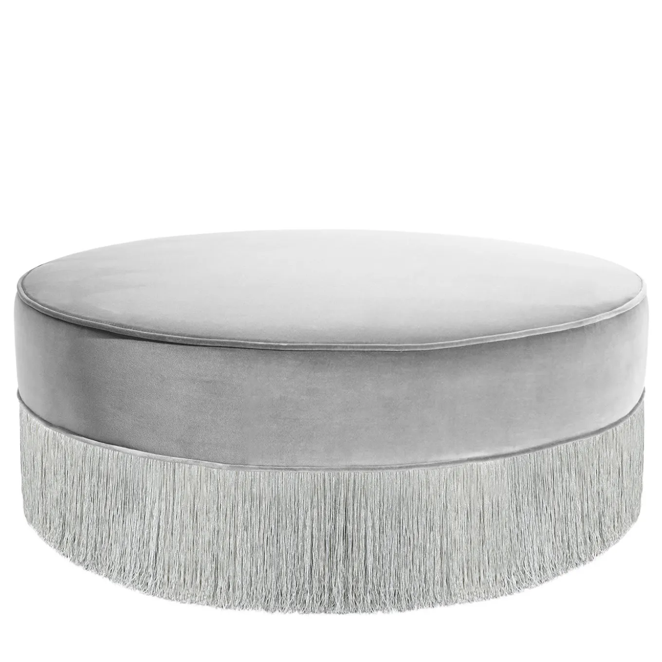 Pouf grigio scintillante con frangia argentata