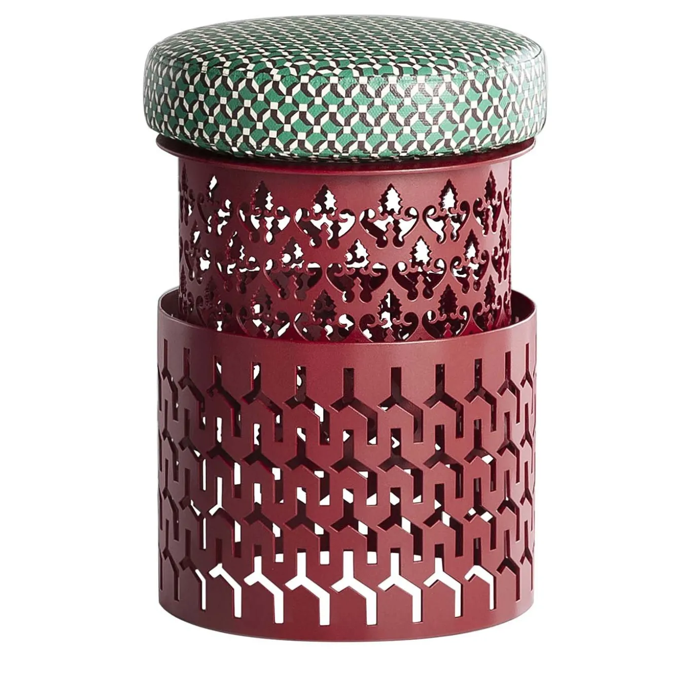 Pouf Trame piccolo rotondo rosso con cuscino verde