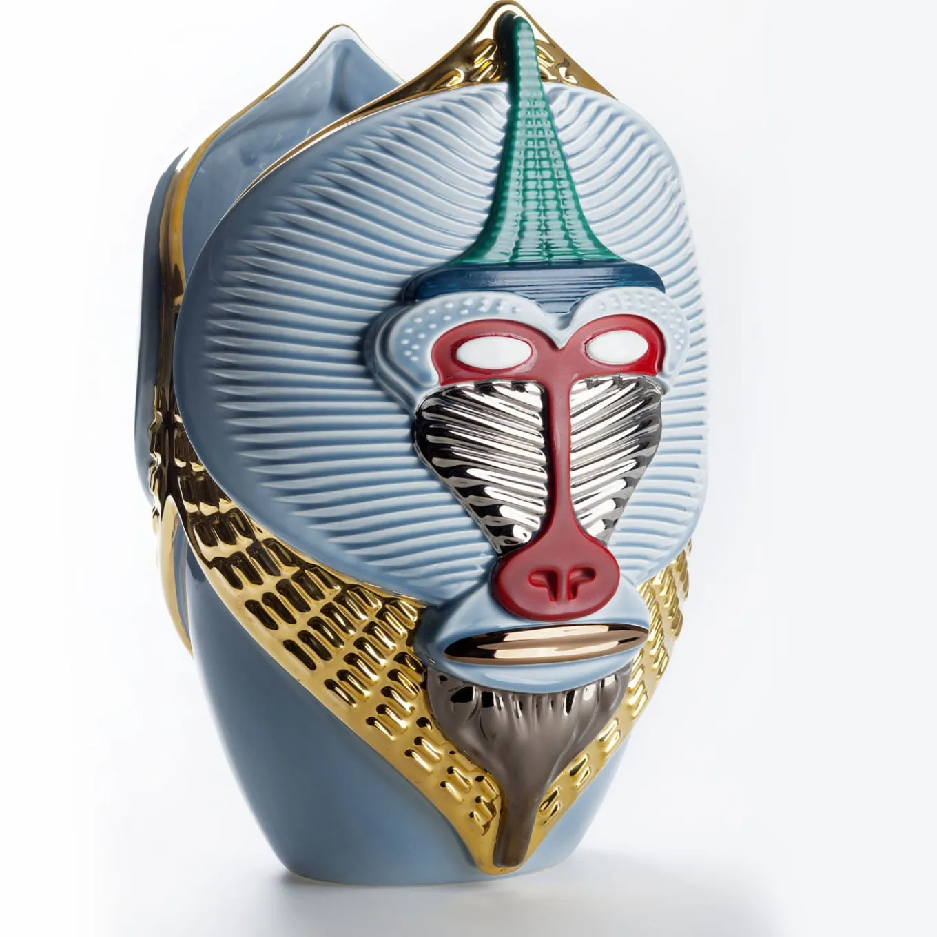 Primati Mandrillus Vaso in ceramica azzurra lucida con dettagli in metallo di Elena Salmistraro