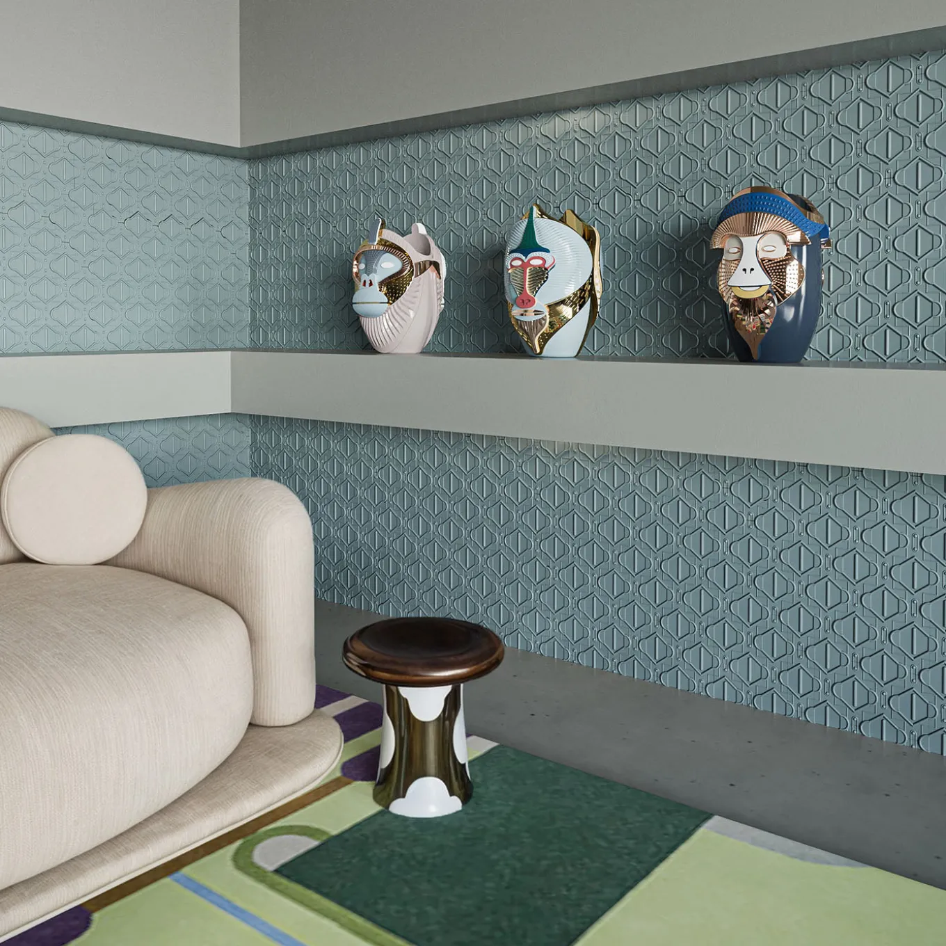 Primati Mandrillus Vaso in ceramica azzurra lucida con dettagli in metallo di Elena Salmistraro