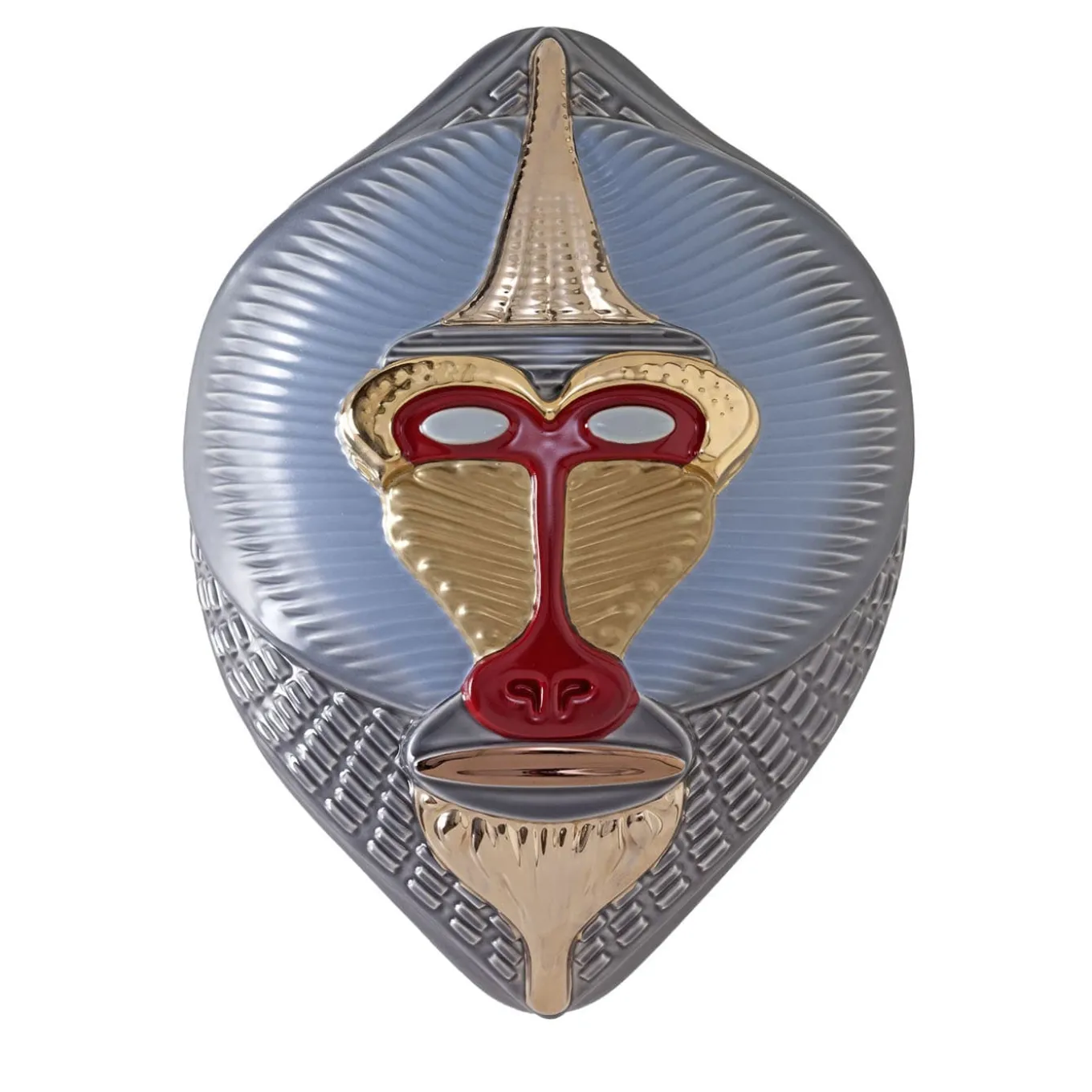 Primati Maschera Mandrillus Azzurro lucido con dettagli in metallo Scultura da parete di Elena Salmistraro