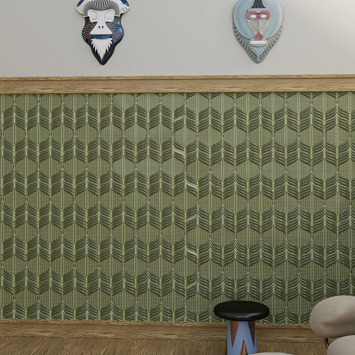 Primati Maschera Mandrillus Azzurro lucido con dettagli in metallo Scultura da parete di Elena Salmistraro