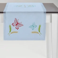 Runner azzurro con frange multicolore Grano