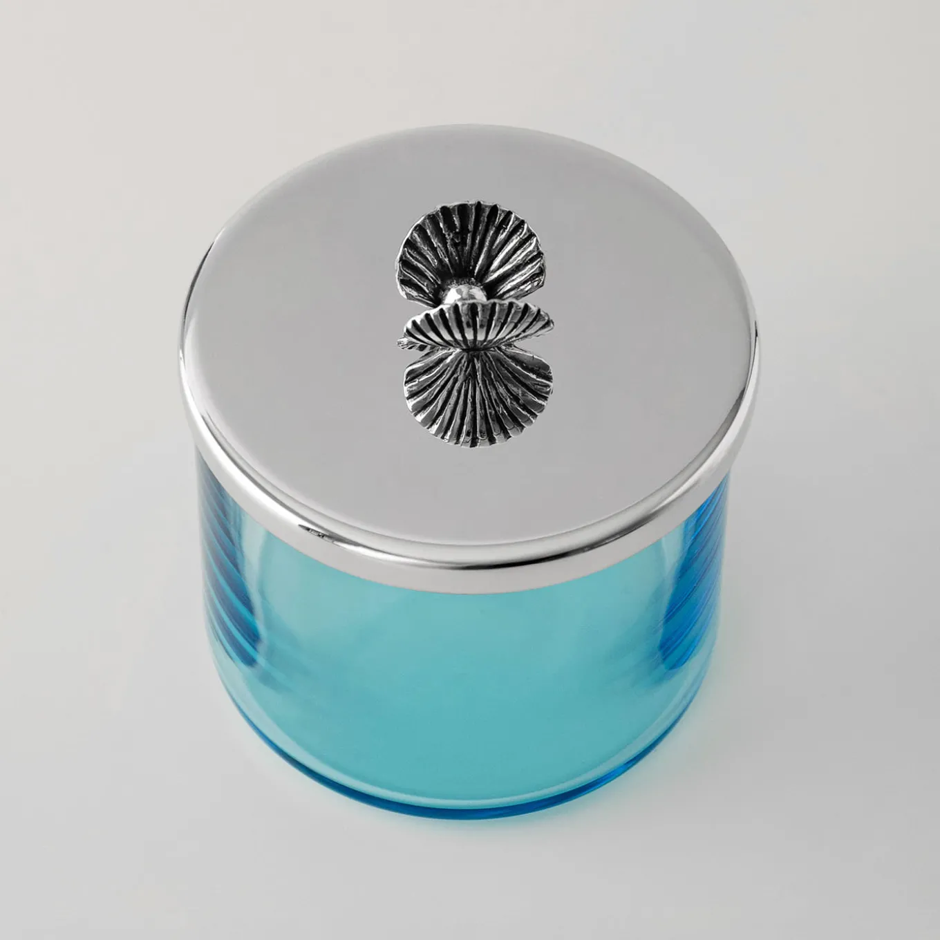 Scatola Portagioie Riviera in Cristallo Blu con Manico a Forma di Conchiglia