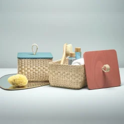 Scatola Quadrata Coralia in Midollo con Coperchio in Legno Blu Pavone