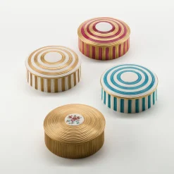 Scatola rotonda Belle Epoque a righe dorate