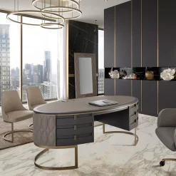 Scrivania Diamond con pelle trapuntata e base in metallo bronzato