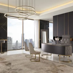 Scrivania Diamond con pelle trapuntata e base in metallo bronzato