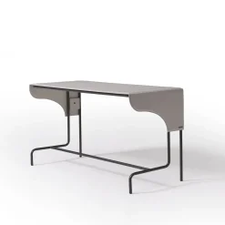 Scrivania Rectangolare Libra in Pelle Bianco Ghiaccio e Metallo