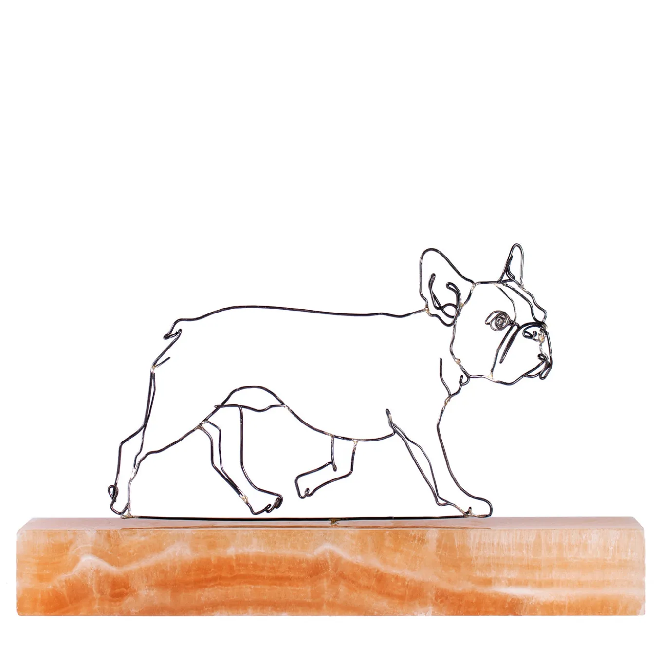 Scultura di Bulldog Francese in Passeggiata su Base in Onice Cappuccino