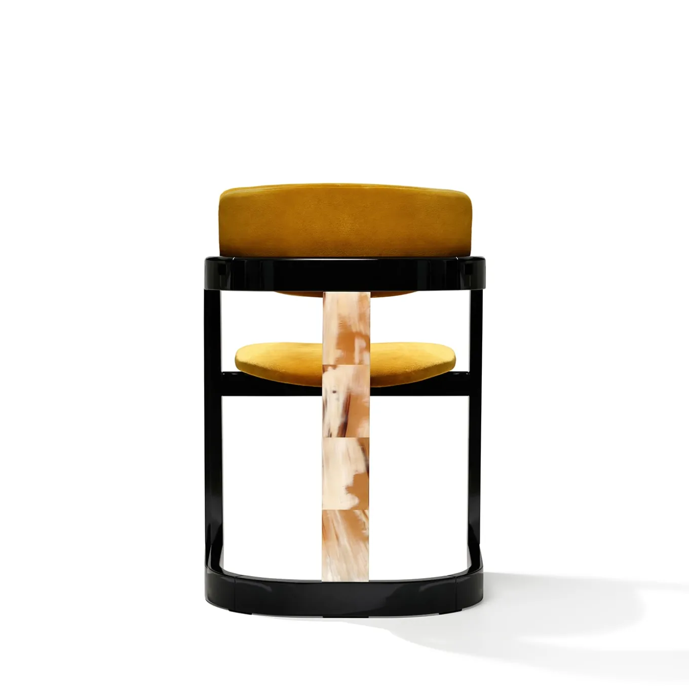 Sedia Essa in velluto giallo e legno nero lucido con intarsi in corno