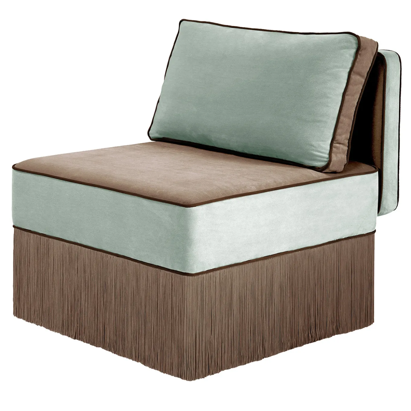 Sedia lounge modulare Lilli in tessuto azzurro chiaro e taupe con frange
