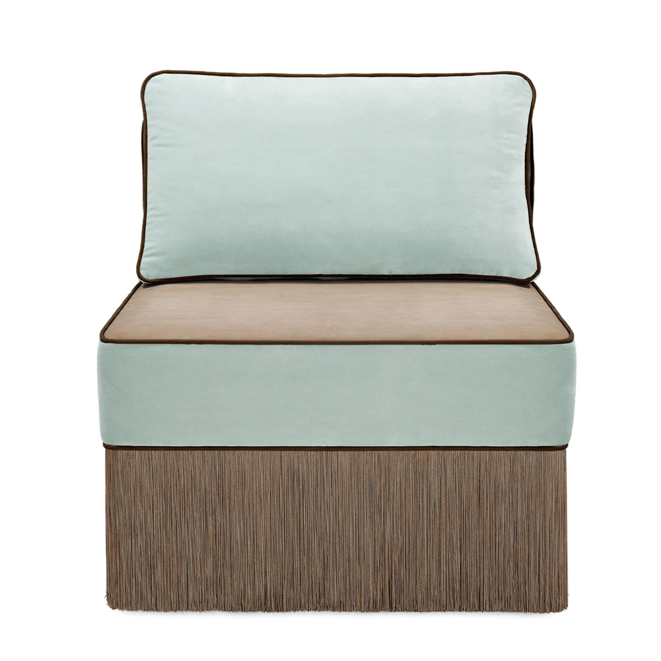 Sedia lounge modulare Lilli in tessuto azzurro chiaro e taupe con frange