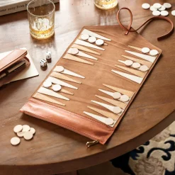Set Backgammon da viaggio in pelle caramello