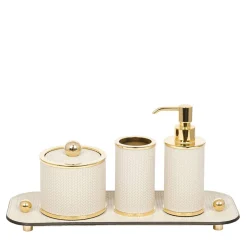Set da bagno Olimpia 4 pezzi rotondo in pelle oro/beige
