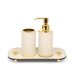 Set da bagno Olimpia 4 pezzi rotondo in pelle oro/beige