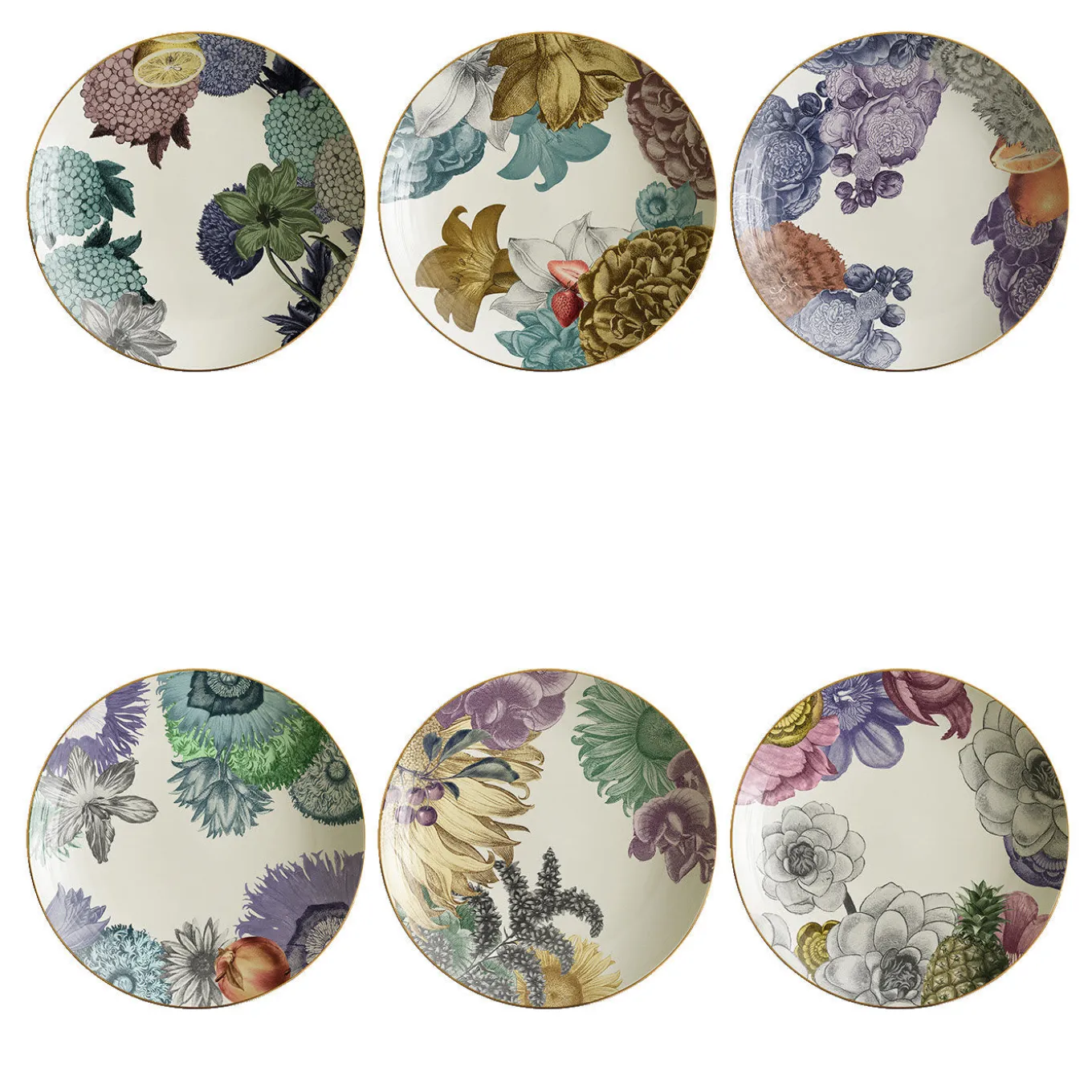 Set di 6 piatti da minestra in porcellana Cairo con fiori