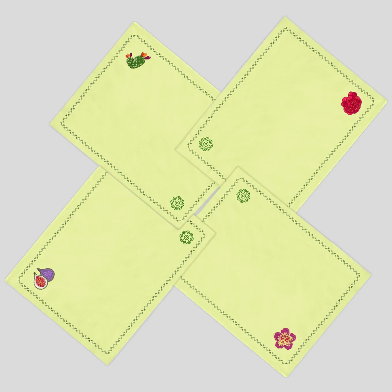 Set di 4 sottopiattti in lino giallo con cactus mediterranei