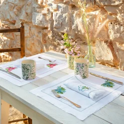 Set di 2 Tovagliette Bouganville Bianche e Azzurre in Lino