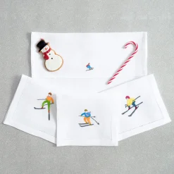 Set di 6 tovagliette per bevande in lino ricamate a mano Skiiers