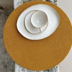 Set di 4 tovagliette rotonde in lino con supporto in legno