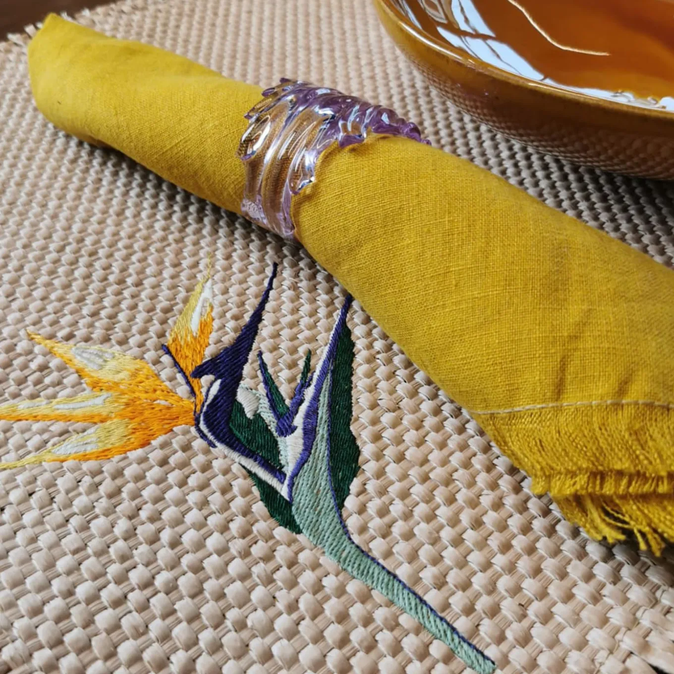 Set di 4 tovaglioli di lusso in puro lino Safran con frange a mano