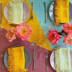 Set di 4 tovaglioli ocra con frange lunghe