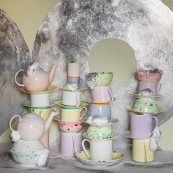 Set di Teiera Piccola Murrine Lilla con Due Tazzine da Tè e piattini