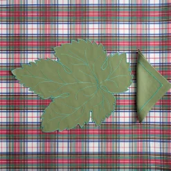 Set di tovaglietta e tovagliolo in lino ricamati a mano Foglia