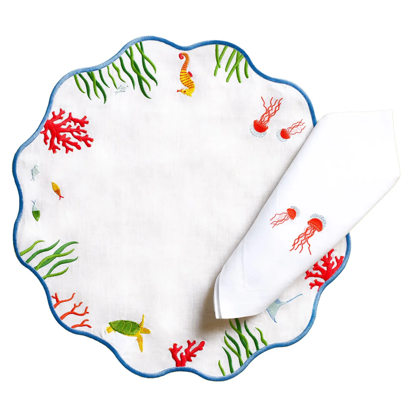 Set di tovagliette e tovaglioli di lino rotondi con coralli e meduse