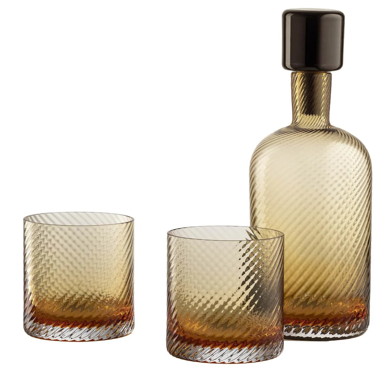 Set in vetro Murano Borealis Torse Amber con bottiglia e 2 bicchieri
