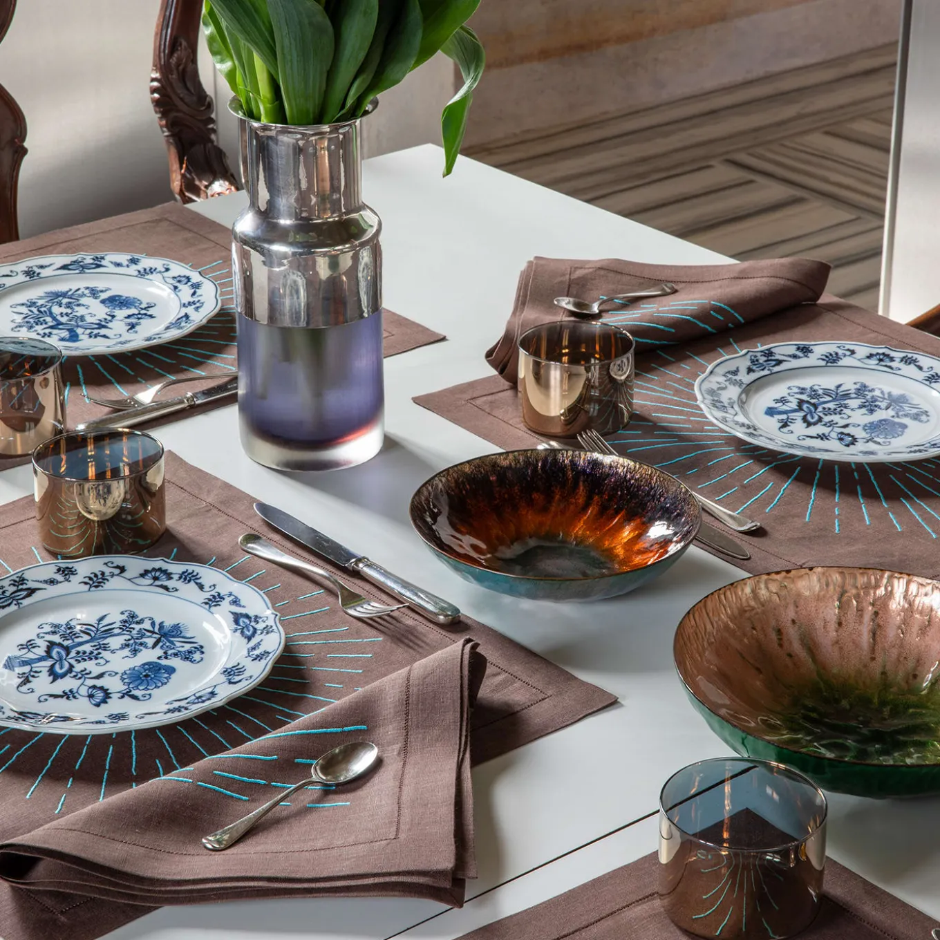 Set LUCE di Tovaglietta Noce e Turchese con Tovagliolo