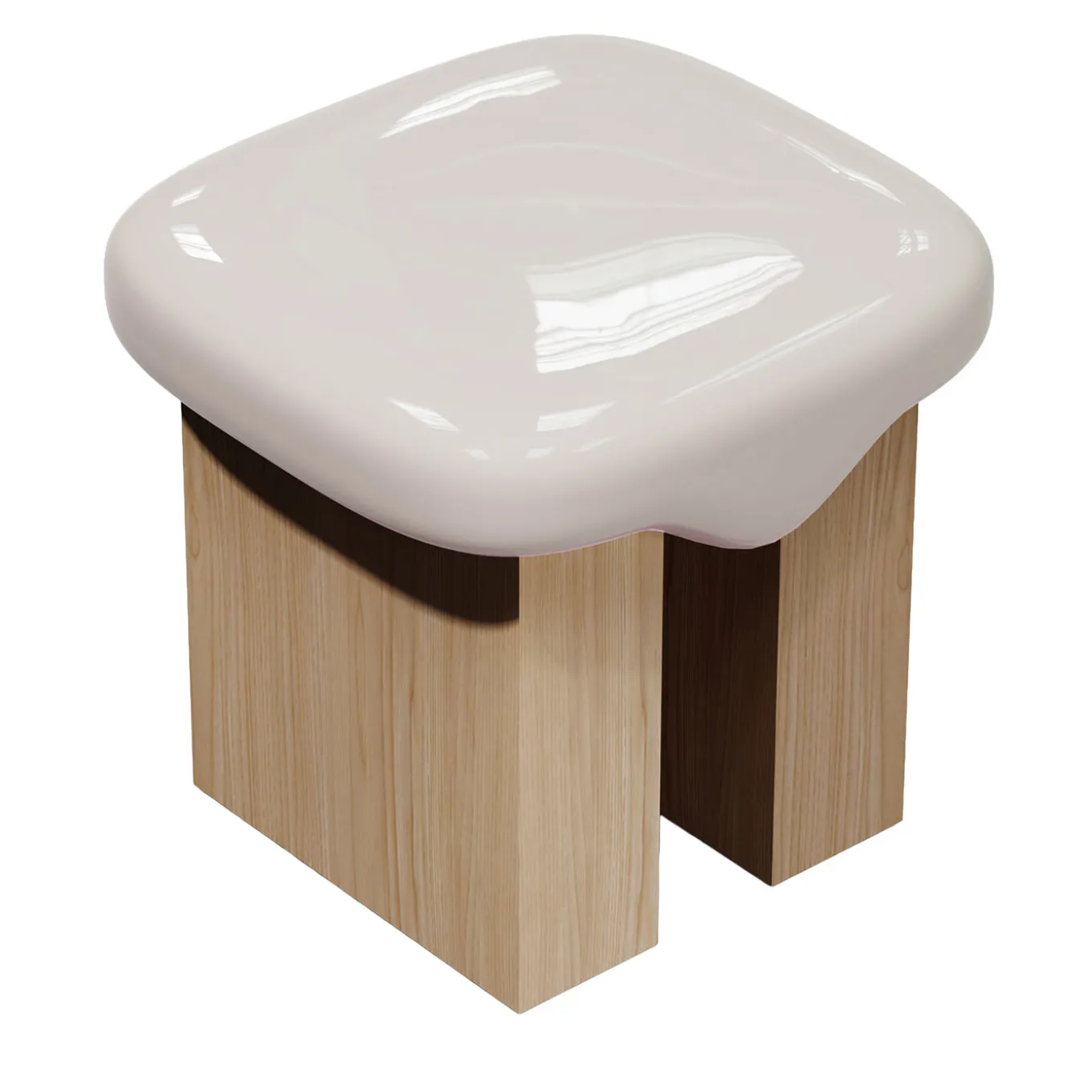 Sgabello Wax in legno con piano lucido bianco sporco e legno di frassino massello di Artefatto Design Studio