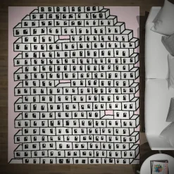 Tappeto in lana fatto a mano rosa e grigio con motivo a muro di mattoni cavi