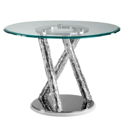 Tavolo Con Piano Rotondo In Vetro E Gambe Incorciate