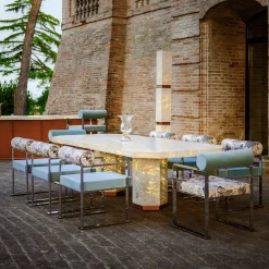 Tavolo da pranzo esagonale retroilluminato Eternal in marmo travertino di Bebo & Angel