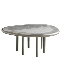 Tavolo da pranzo in metallo intarsiato con gocce d'argento e legno grigio