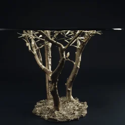 Tavolo da pranzo olivo in fusione di bronzo a cera persa con piano in fusione di alluminio naturale