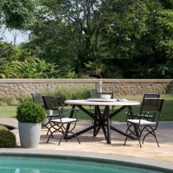 Tavolo da pranzo outdoor Hermu 150 in pietra travertino e acciaio marrone