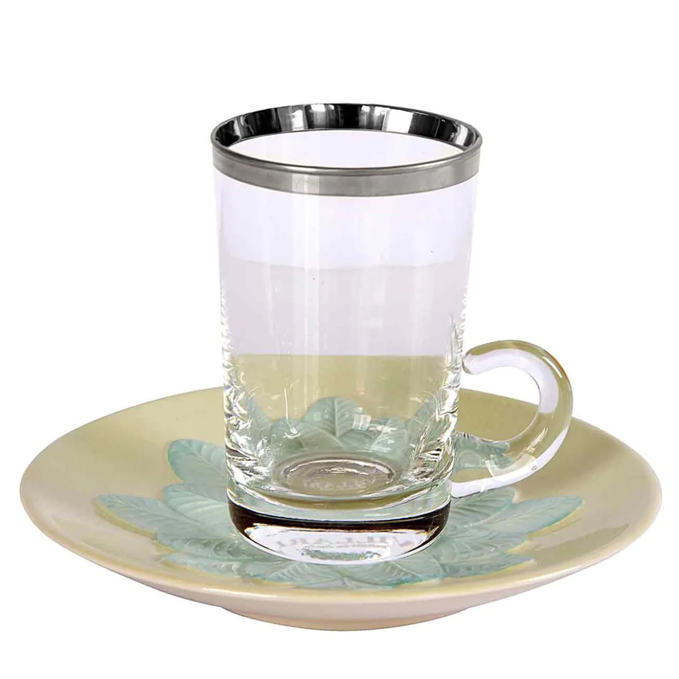 TAZZA E PIATTINO DA TÈ IN ARGENTO E VERDE PAVONE
