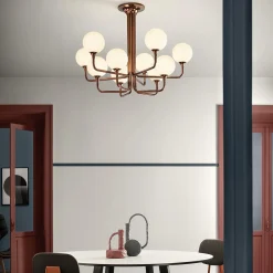 Tee Lampadario a 8 luci in metallo e vetro rame galvanico lucido