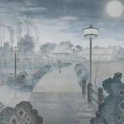 Tessuto da rivestimento in cotone Nihon Moon grigio e blu