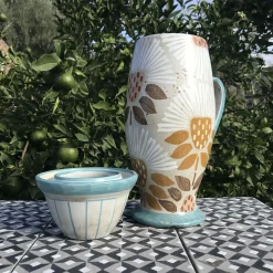 Vaso in Ceramica Beige Peace&Love con Coperchio e Motivo Floreale