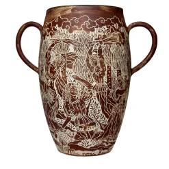 Vaso in gres rosso con manici Morte di Orfeo