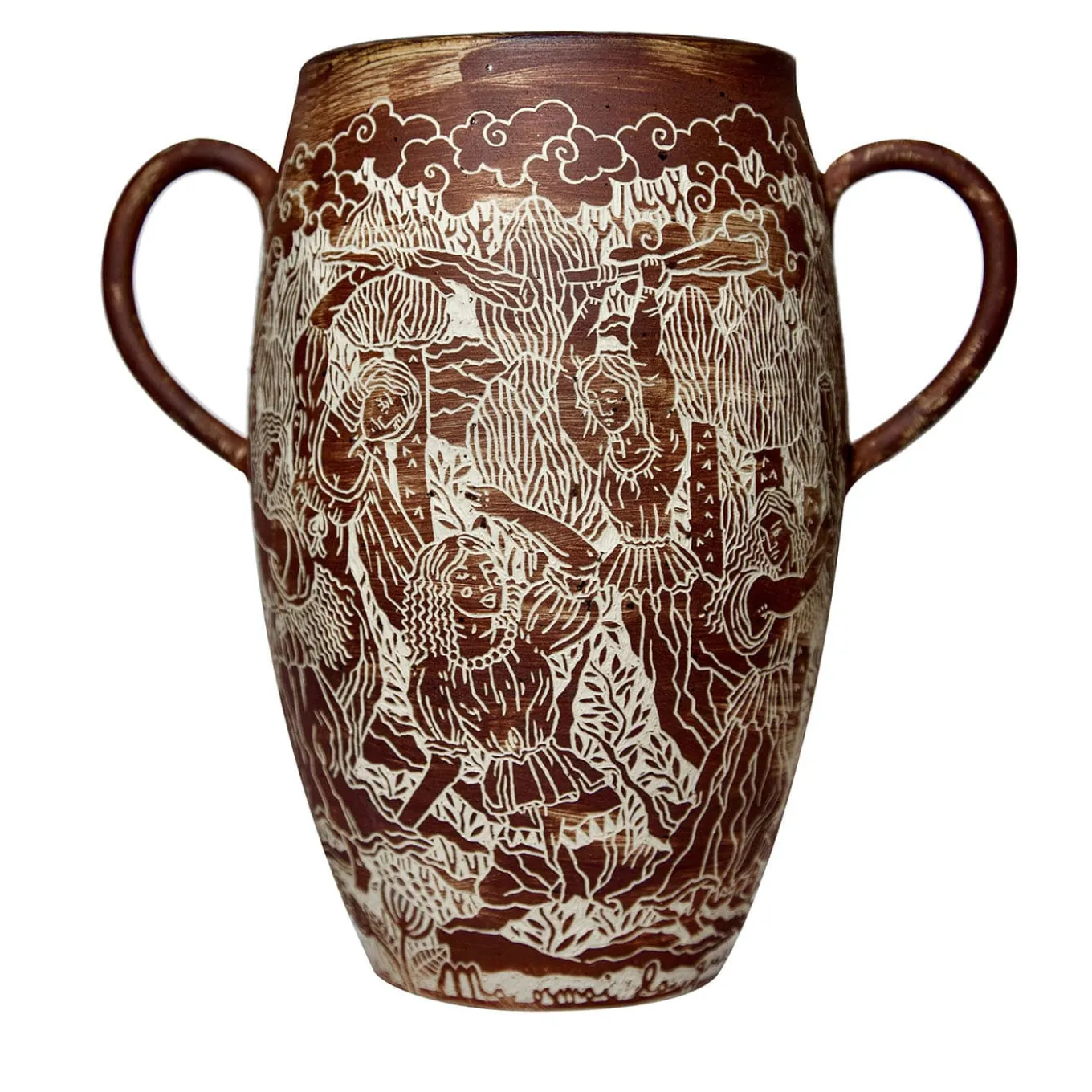 Vaso in gres rosso con manici Morte di Orfeo