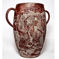 Vaso in gres rosso con manici Morte di Orfeo