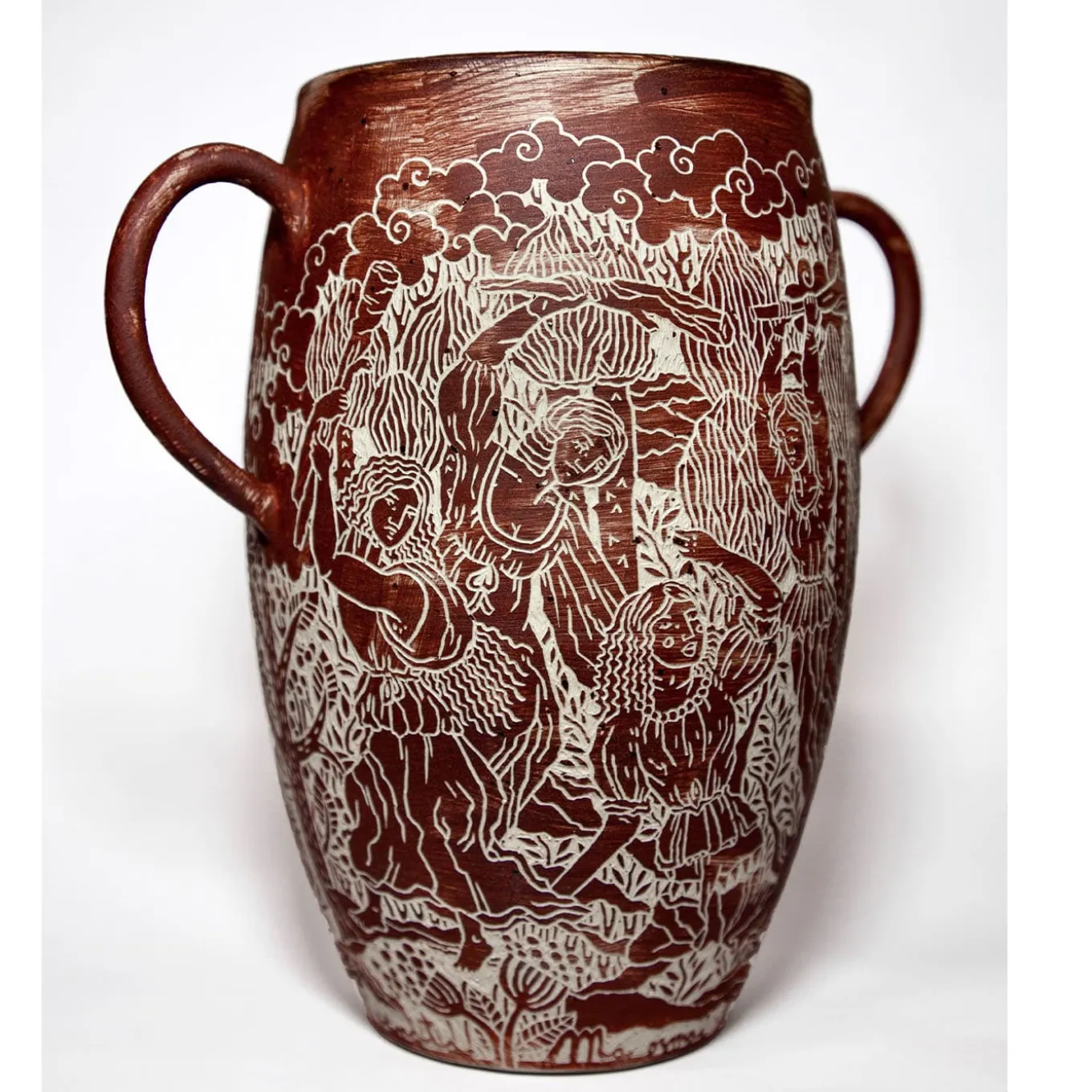 Vaso in gres rosso con manici Morte di Orfeo
