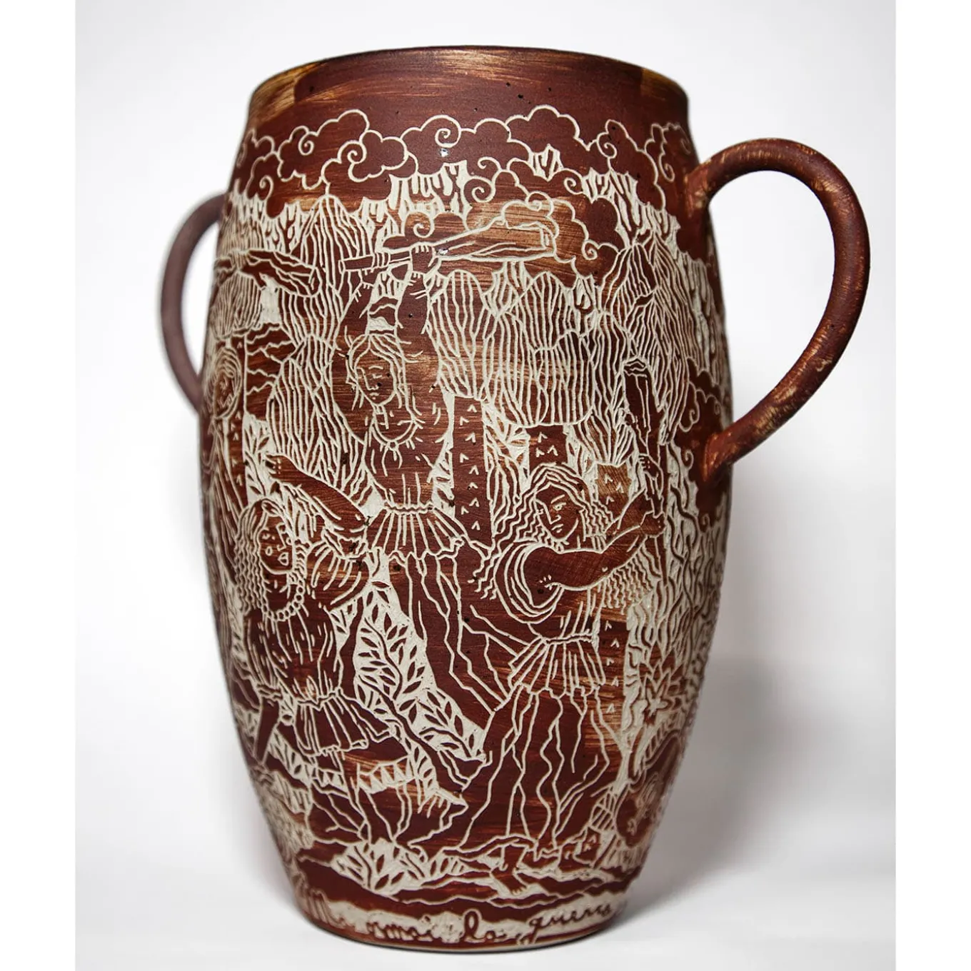 Vaso in gres rosso con manici Morte di Orfeo